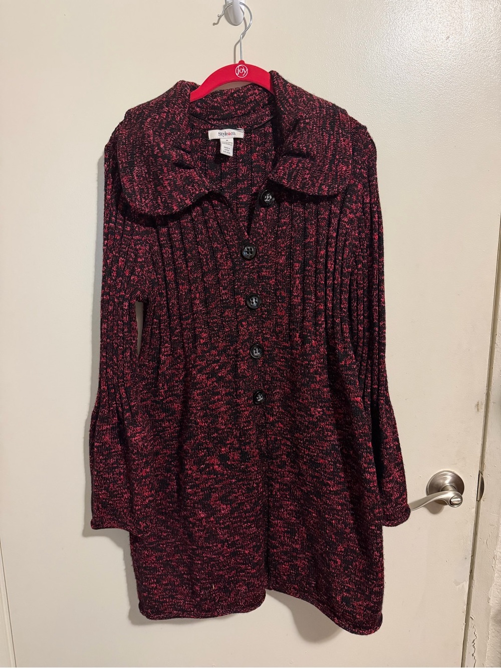 Style & Co. Marled Black and Red Button-Front V-Neck Sweater